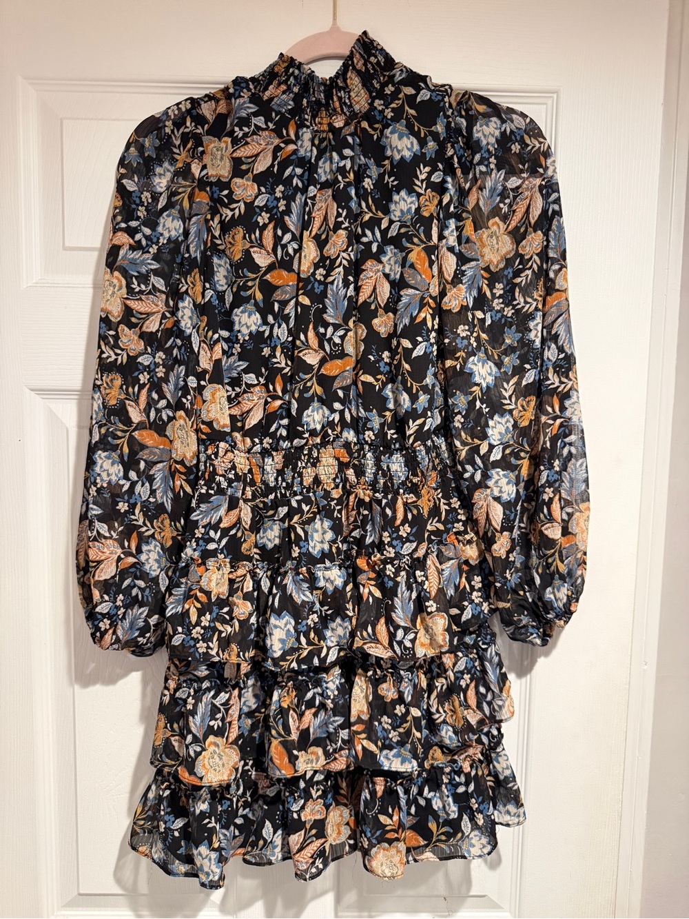Express Black Floral Tiered Long-Sleeve Mini Dress
